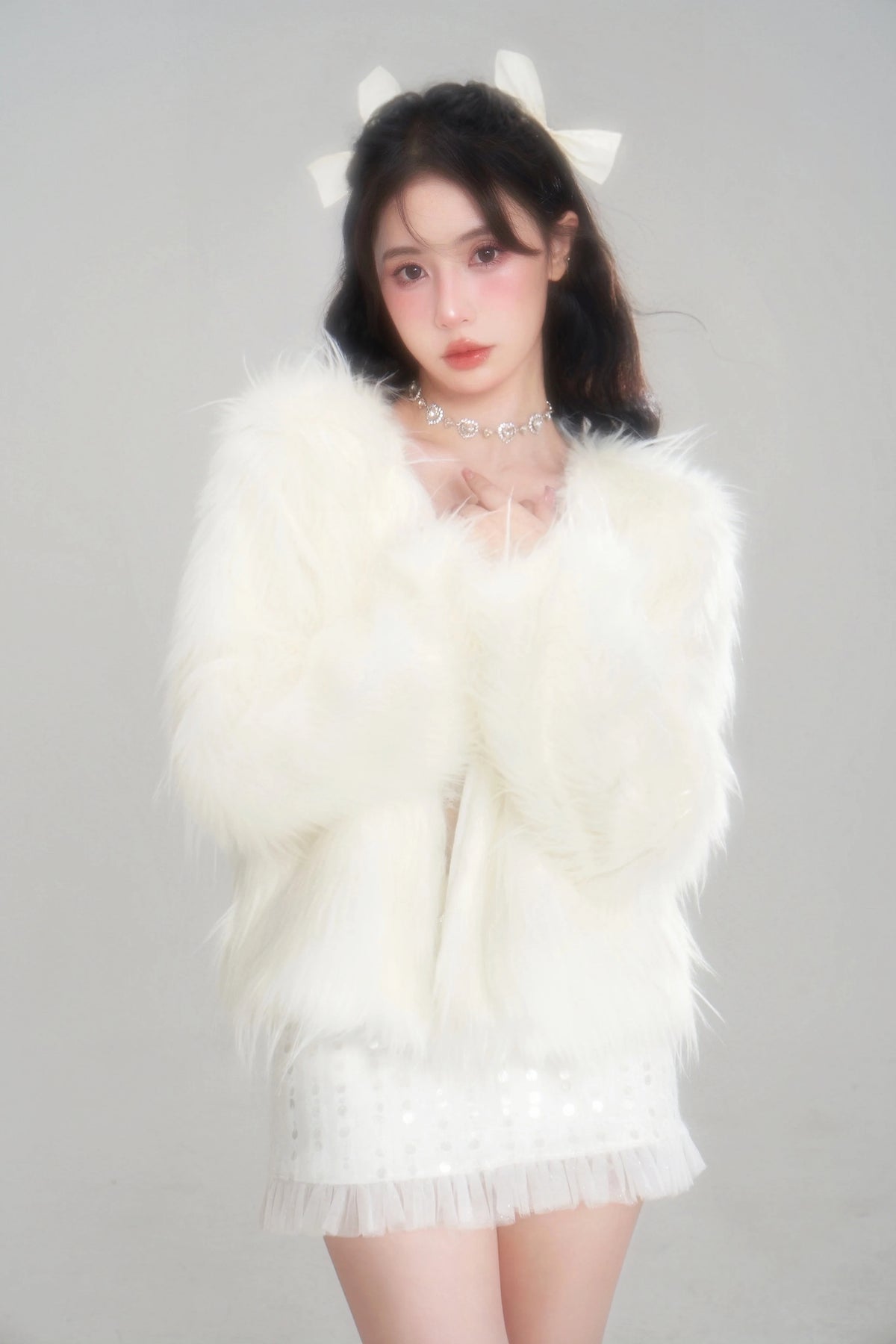 Eco Fur Warm Jacket & Short Skirt & Long Skirt Setup