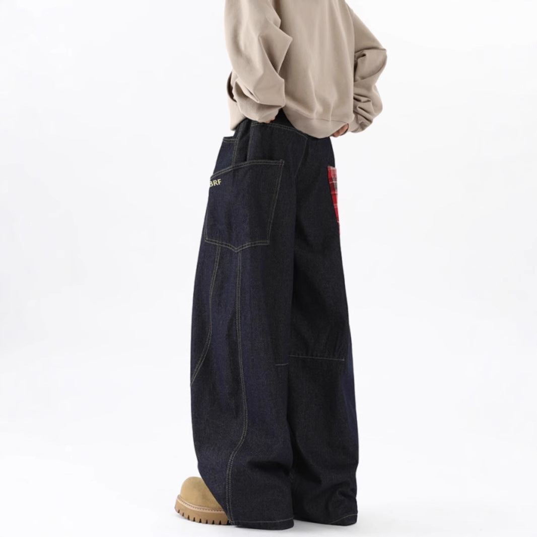 Scimitar plaid patchwork baggy radish jeans
