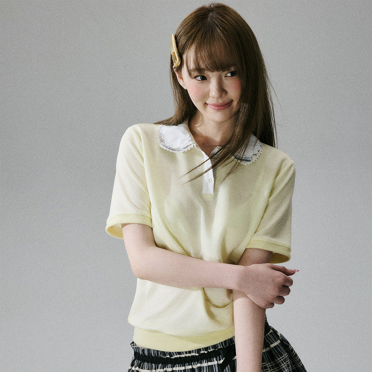 Lace Collar Short Sleeve Polo Shirt