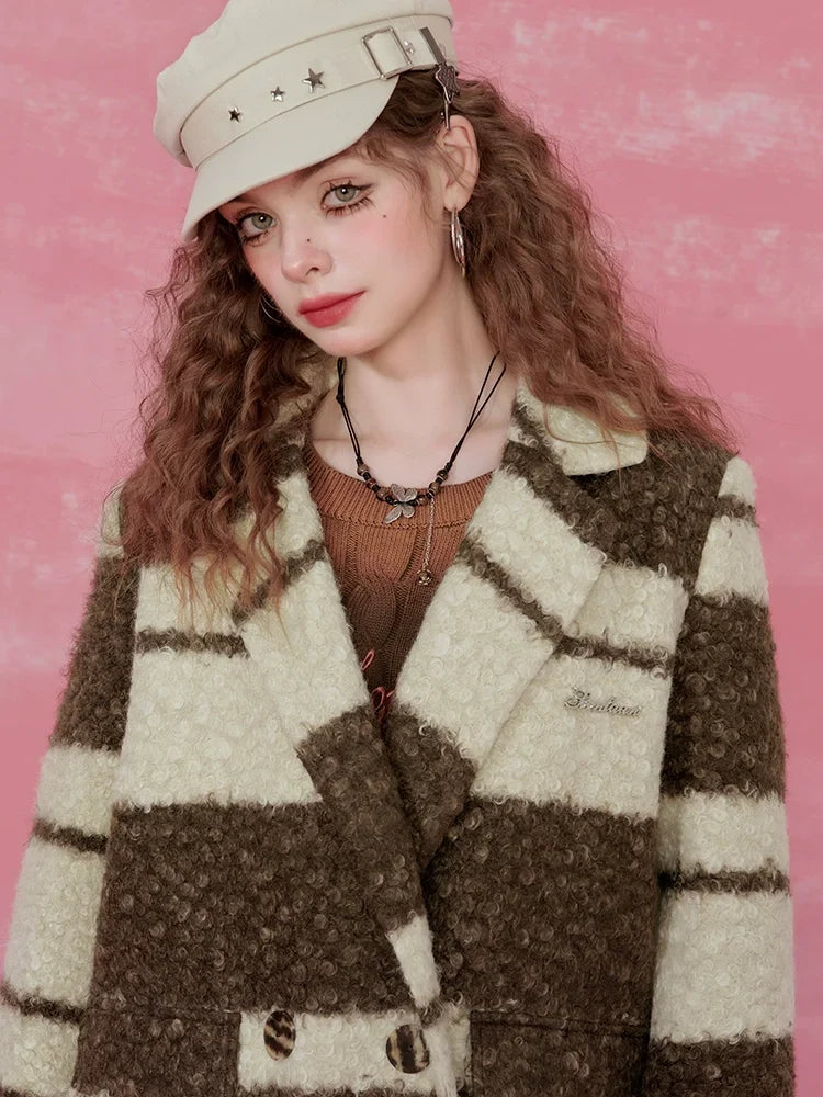 Contrast Stripe Fake Wool Mid-Length Coat