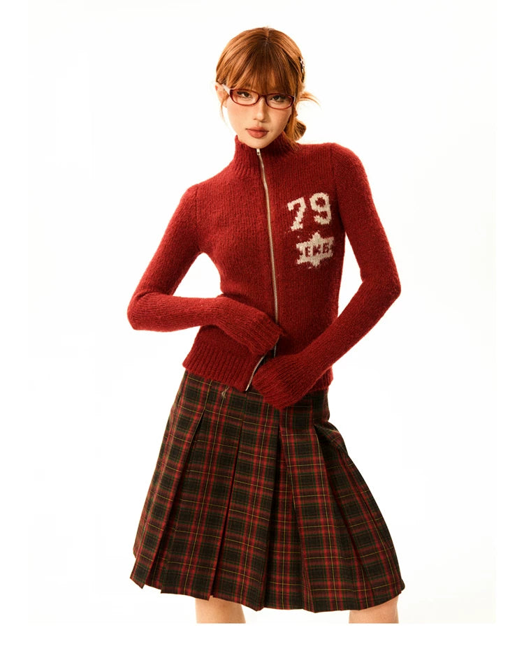 Number Patch Knit Zipper Stand Neck Cardigan