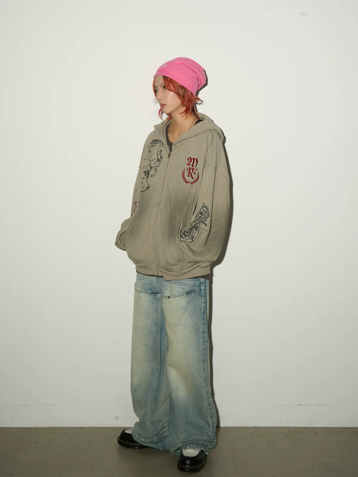 Embroidery Damage Zipper Hoodie