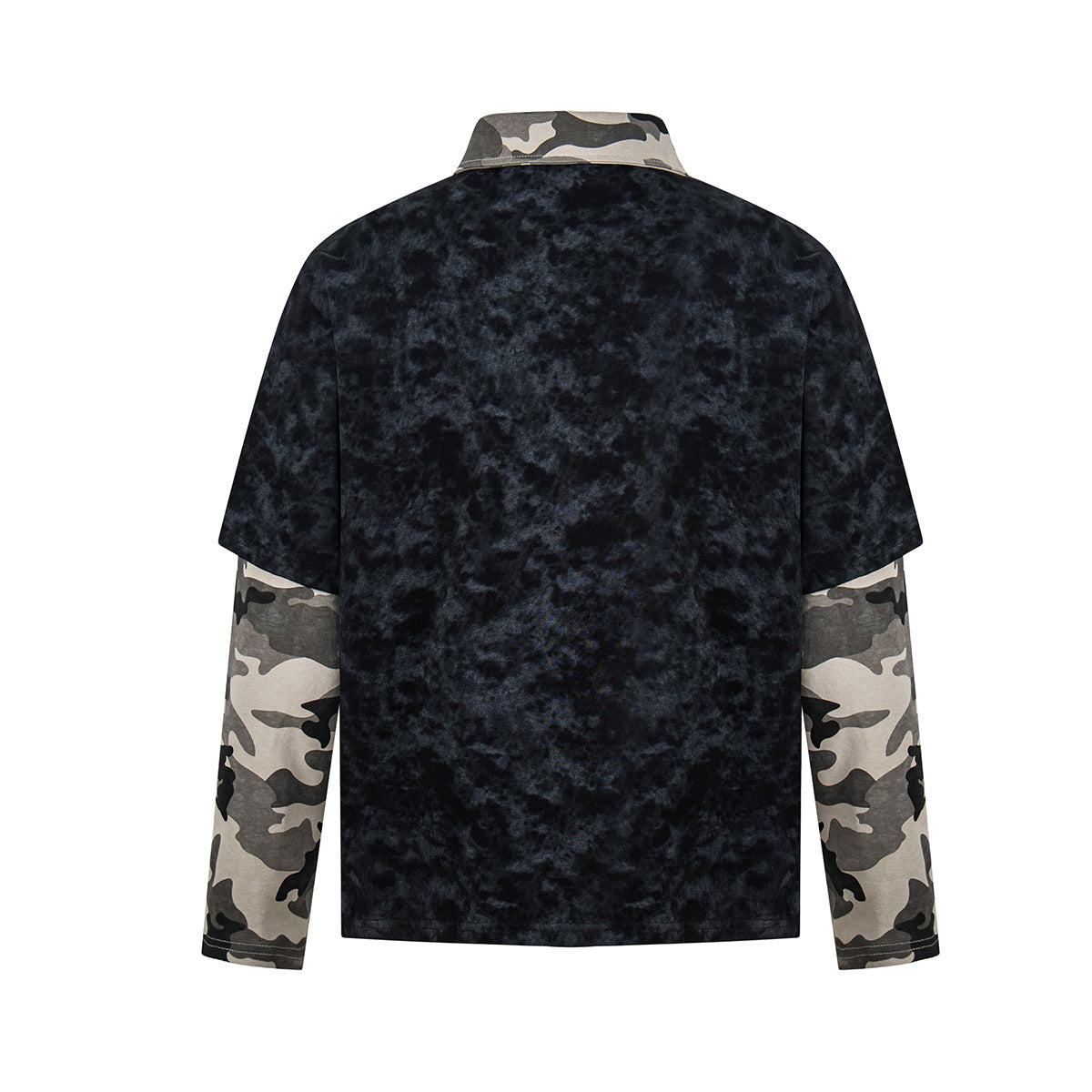 Polo Collar Fake Layered Tie-Dye Print Long Sleeve T-Shirt