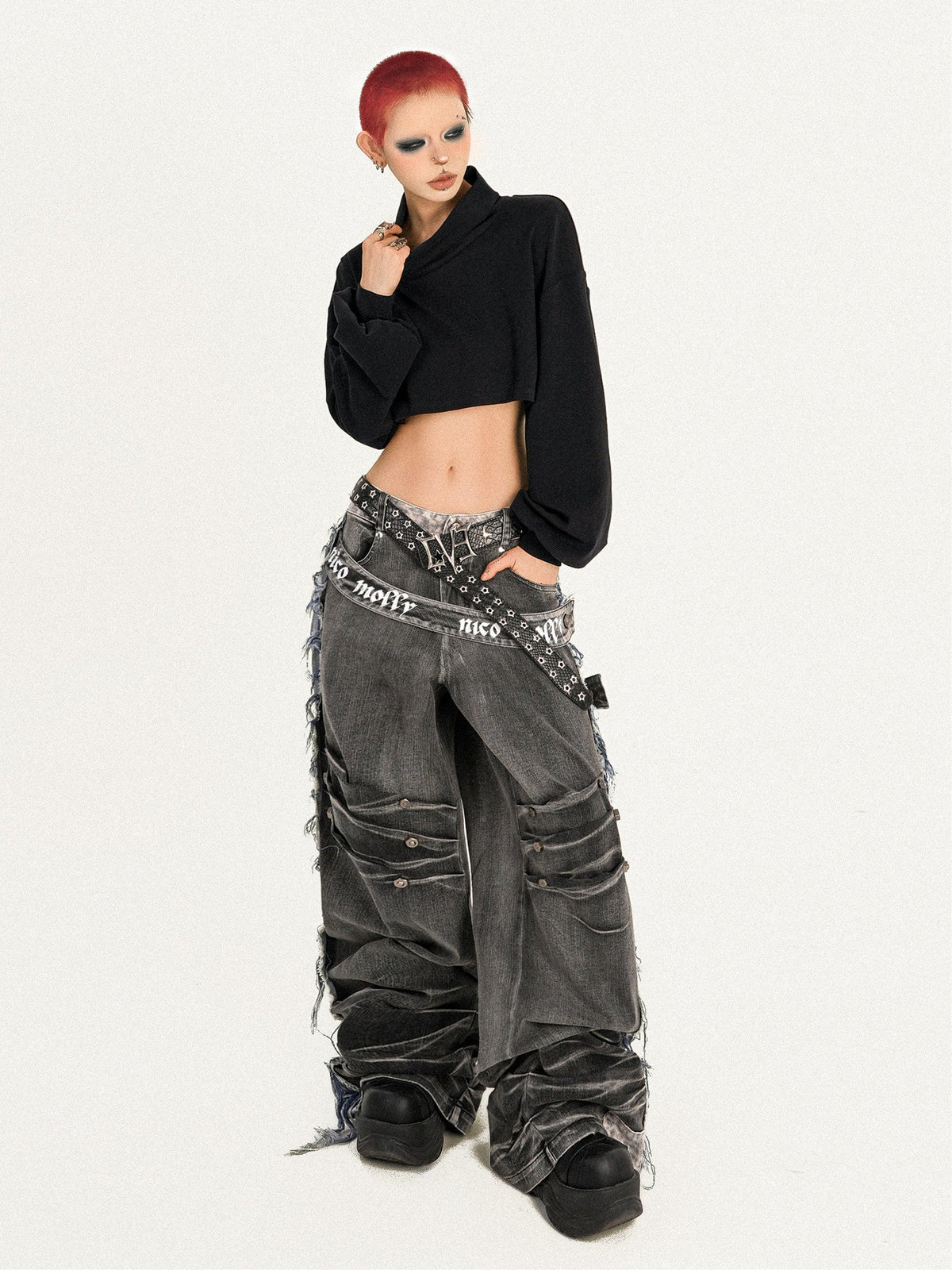 Damage Wash Raw Hem Wide Leg Denim Jeans