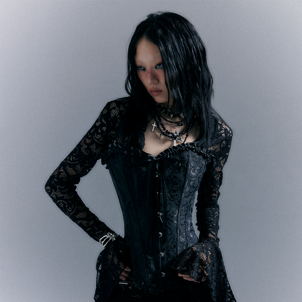 Lace-Up Corset Top & Lace Long Sleeve Dress Setup