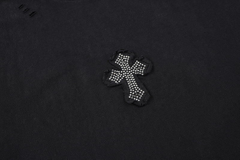 Cross Rhinestone Washed Damage Sleeveless T-Shirt