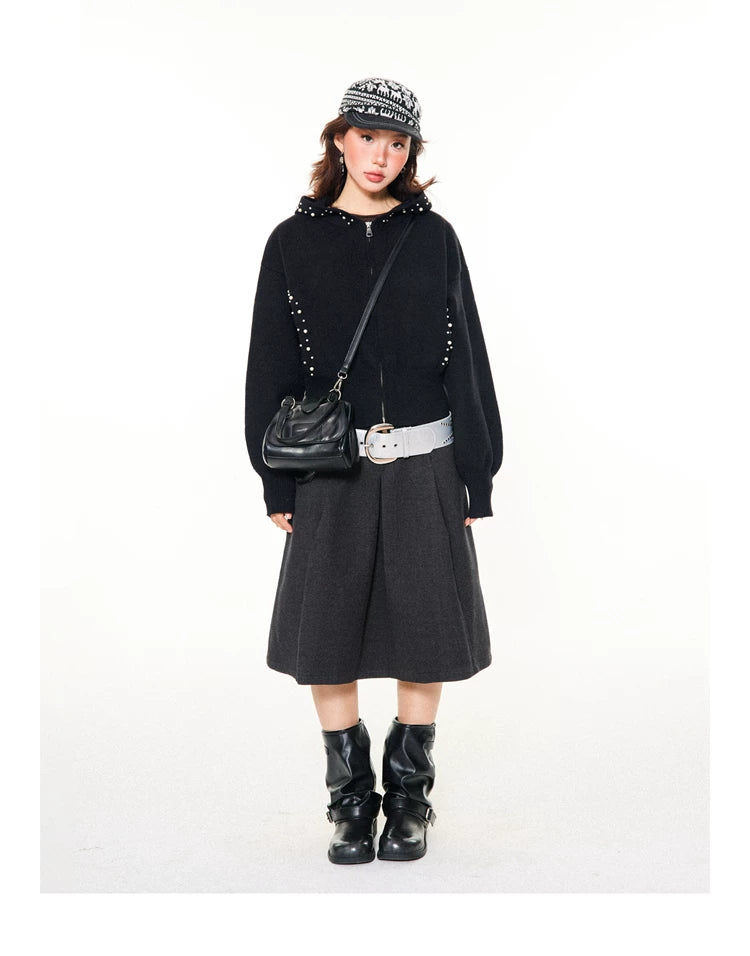 Pearl Embroidery Cropped Zipper Hoodie