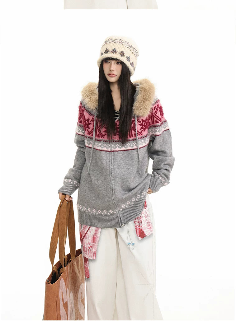 Fur Collar Fair Isle Hooded Knit Cardigan