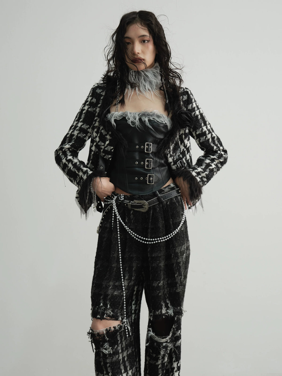 Hairy Low Collar Houndstooth Jacket
