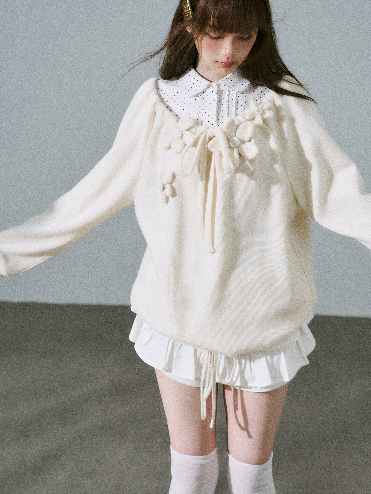 Flower Applique Drawstring Detail Sweatshirt