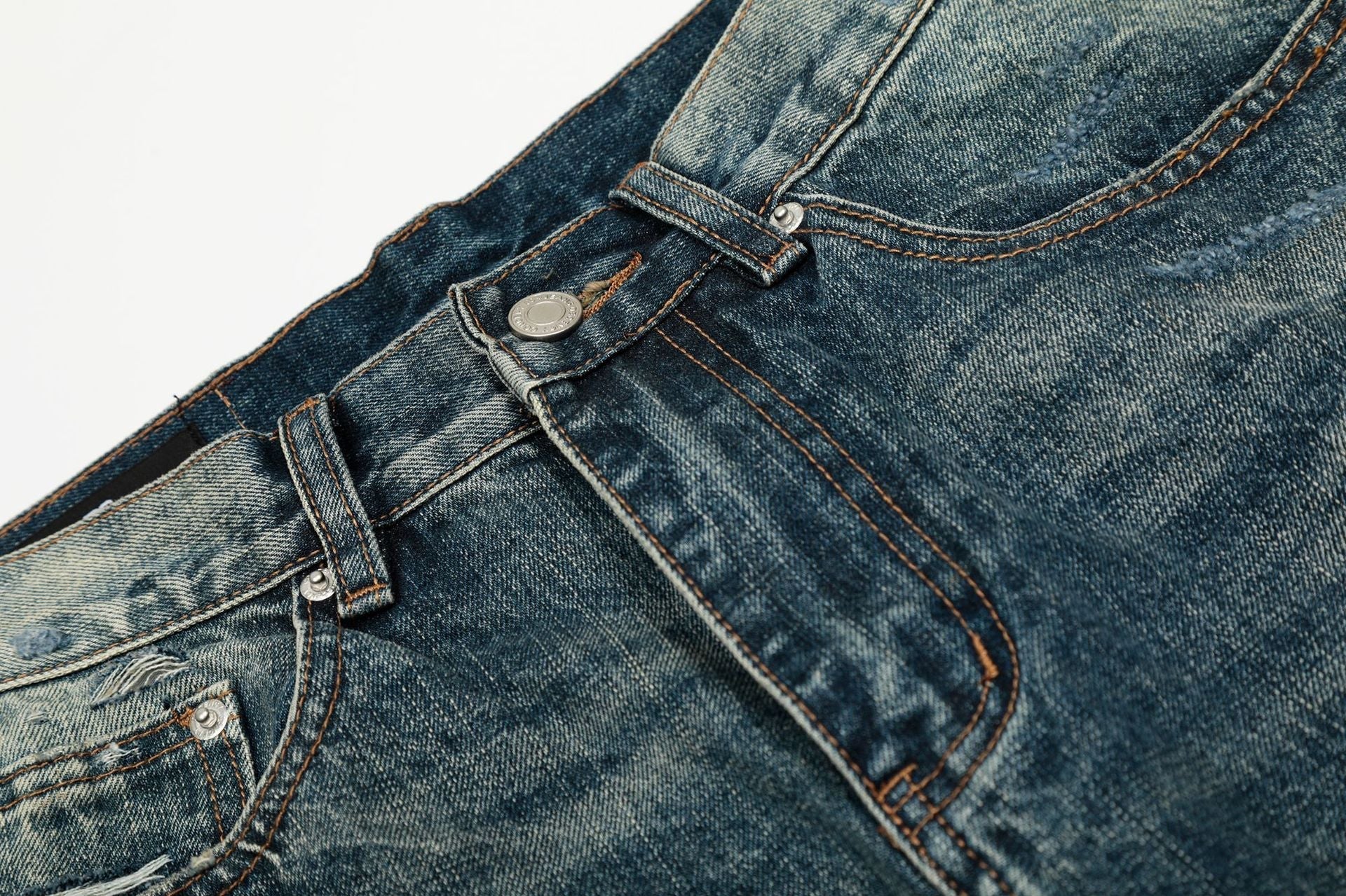 Damage Whisker Wash Straight Denim Jeans