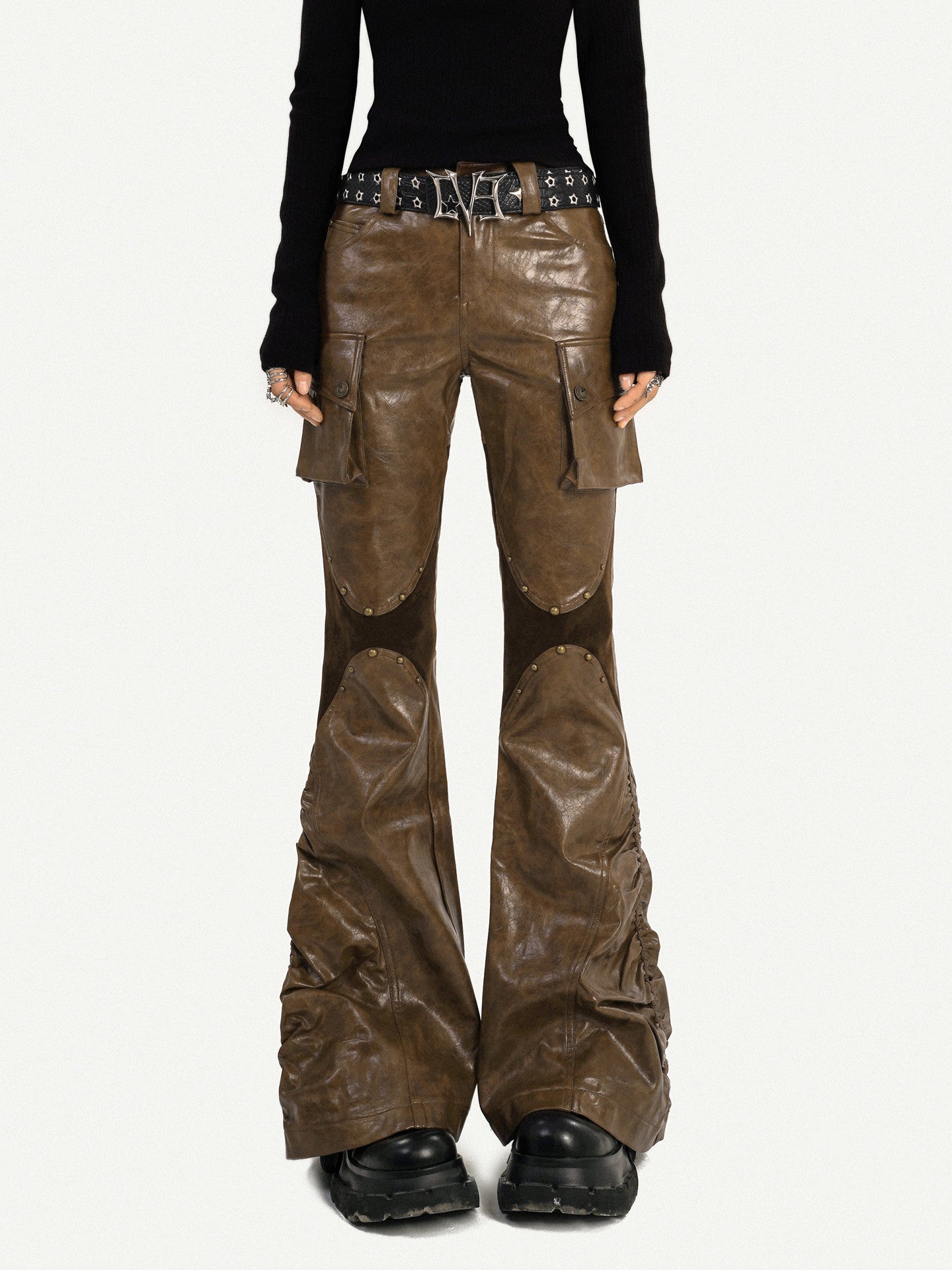 PU Leather Patchwork Fitted Flare Pants