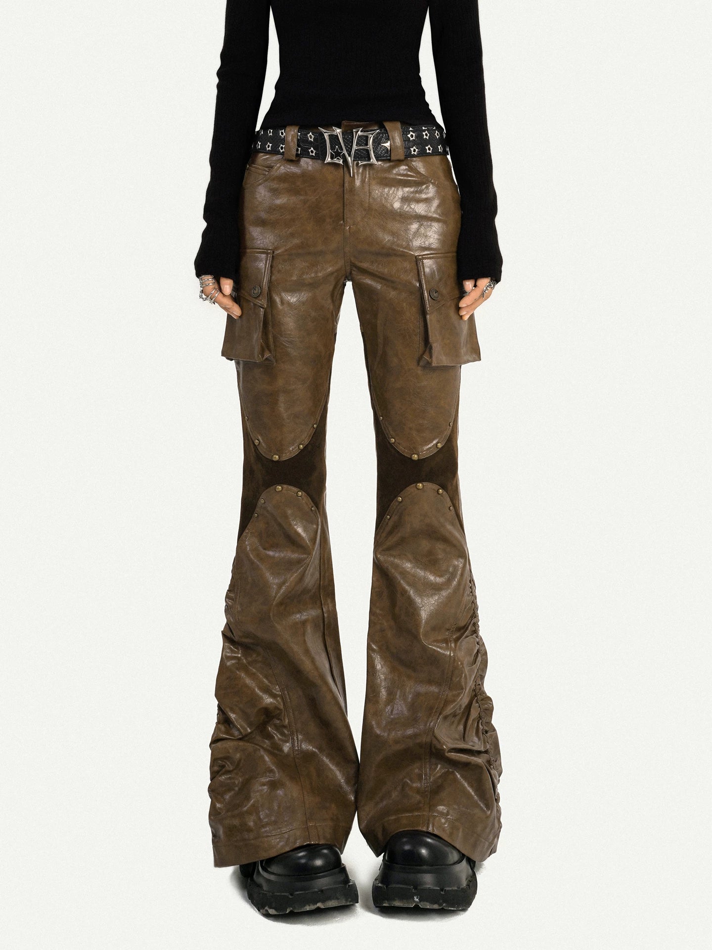 PU Leather Patchwork Fitted Flare Pants