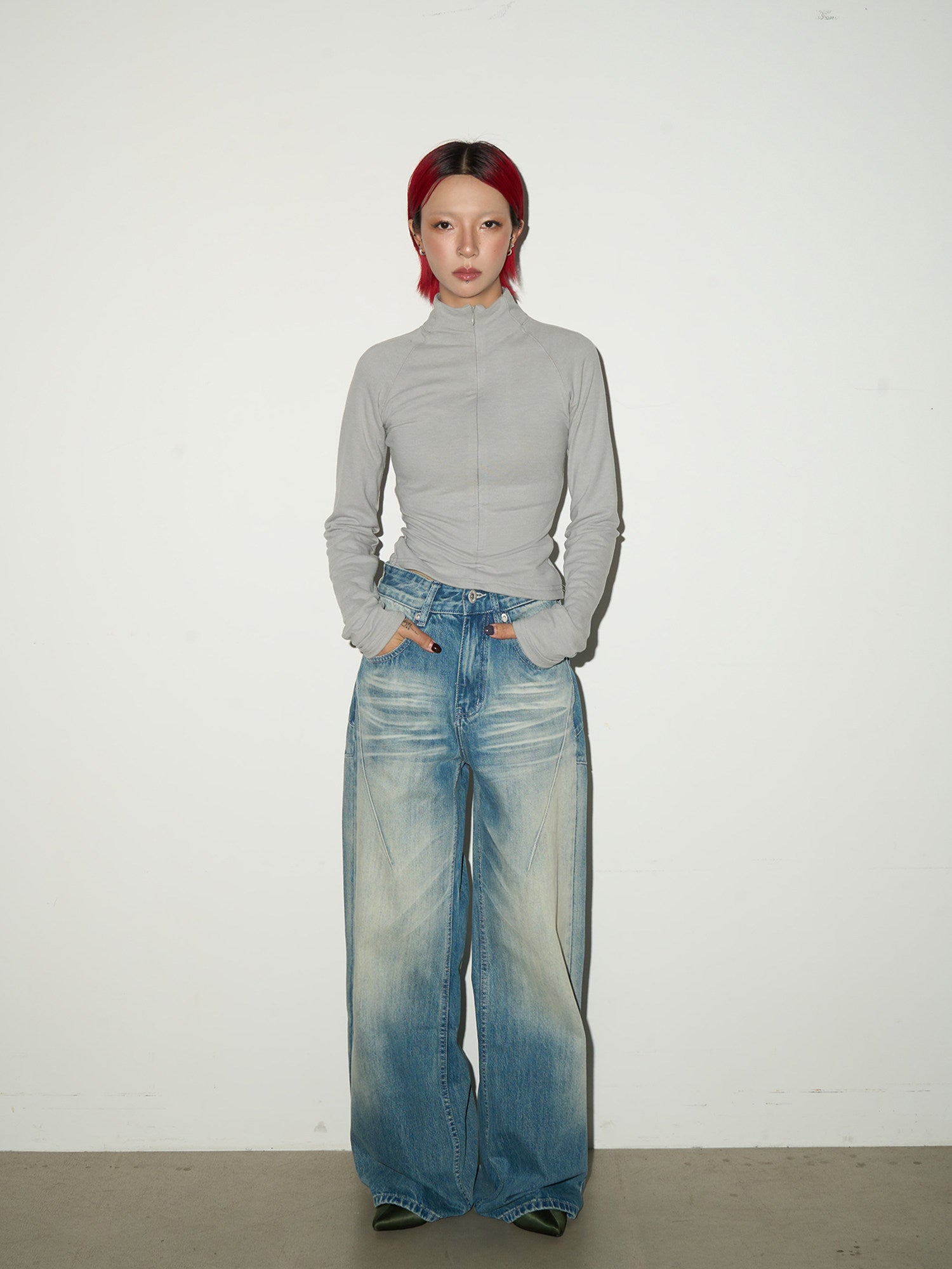 Washed Fade Seam Detail Wide Leg Denim Jeans