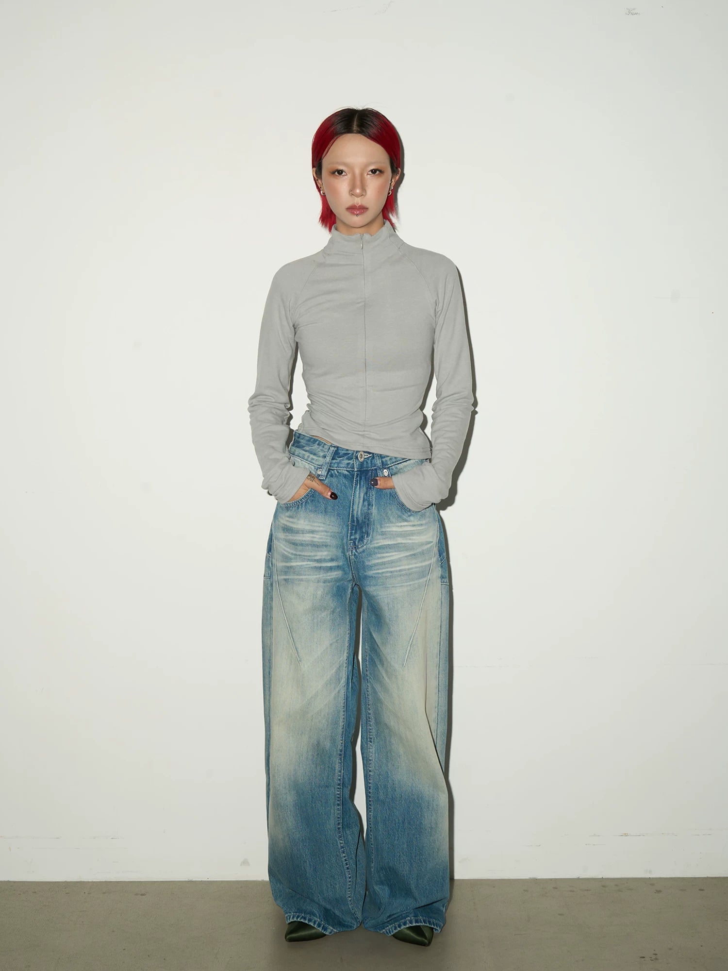 Washed Fade Seam Detail Wide Leg Denim Jeans