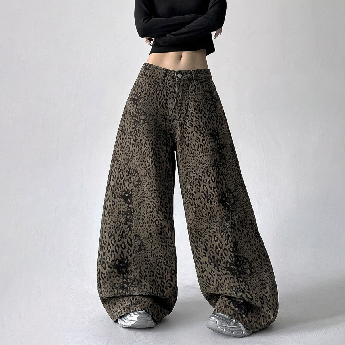 Leopard Print Curved Straight Wide Leg Denim Jeans