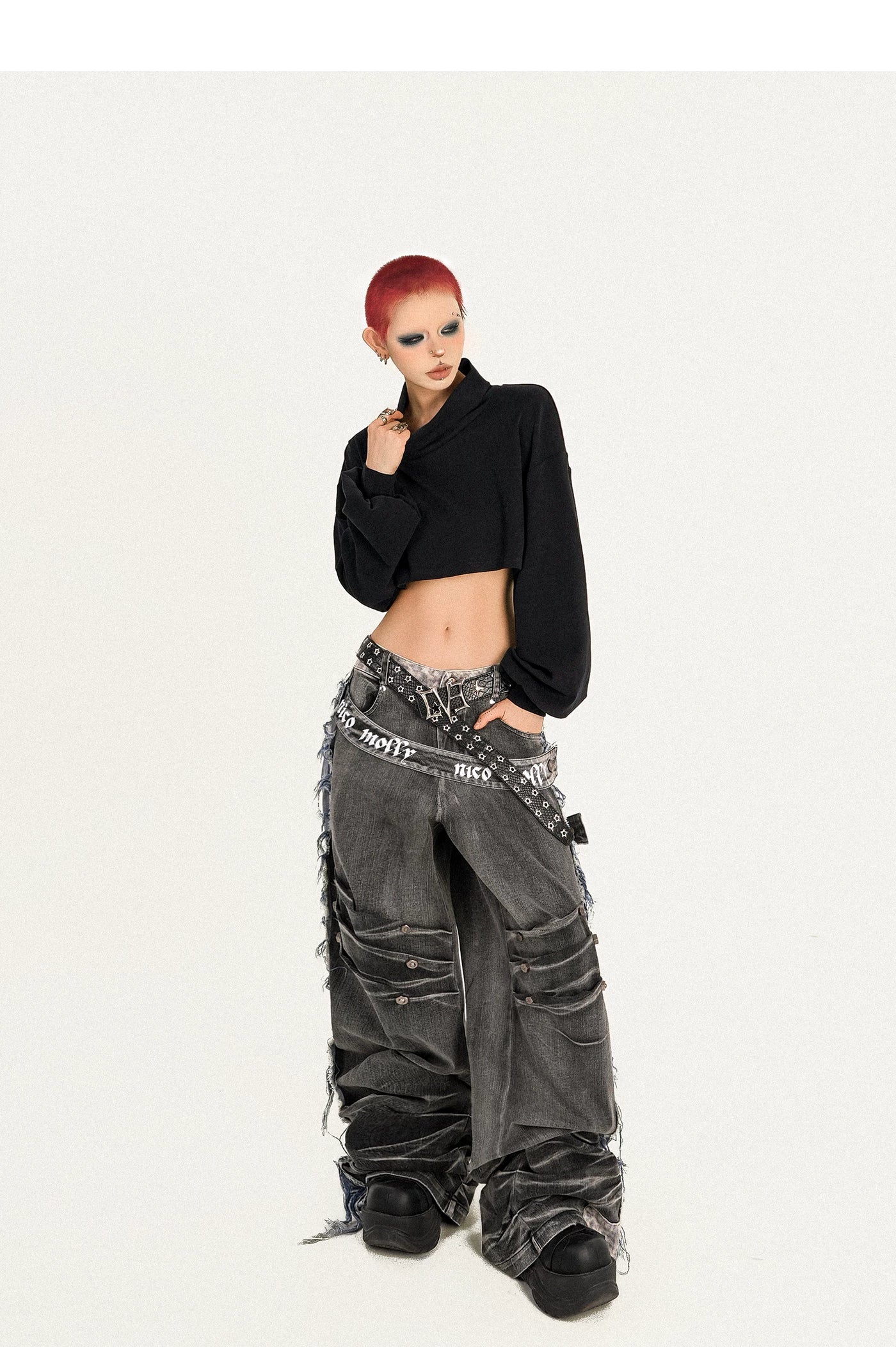 Damage Wash Raw Hem Wide Leg Denim Jeans