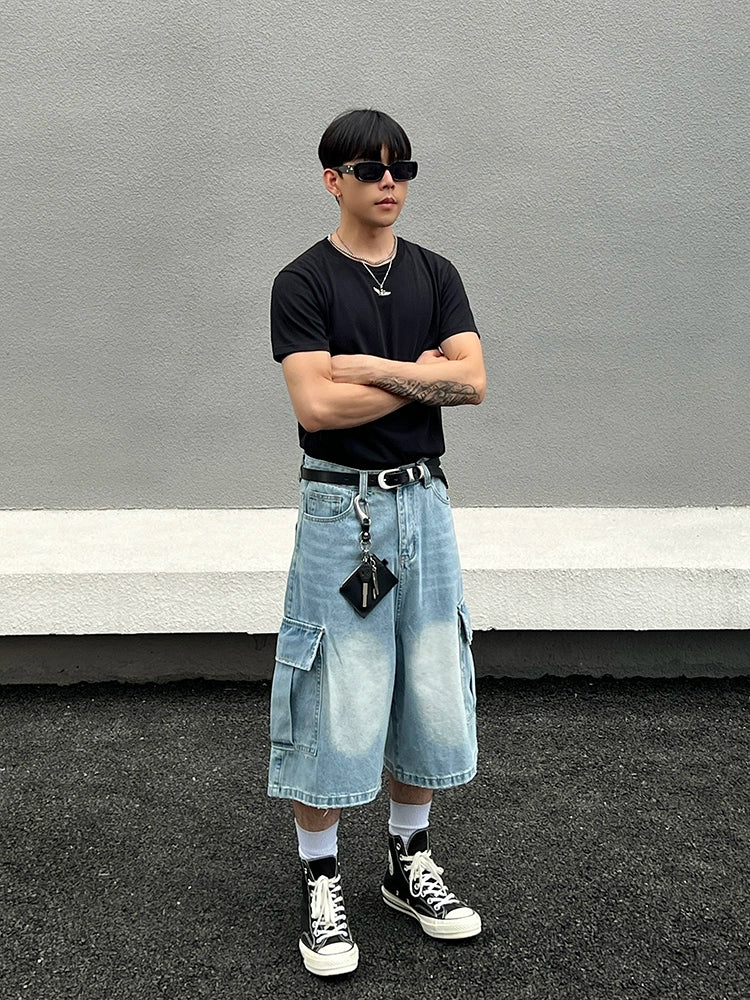 Washed Light Blue Multi-Pocket Wide Leg Denim Short