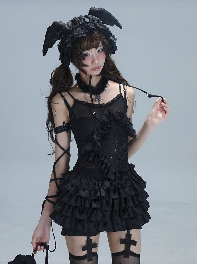 Lace Spaghetti Strap Tiered Ruffle Oversize Short Dress & Underwear Set