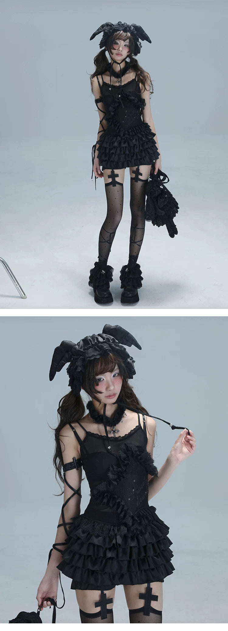 Lace Spaghetti Strap Tiered Ruffle Oversize Short Dress & Underwear Set