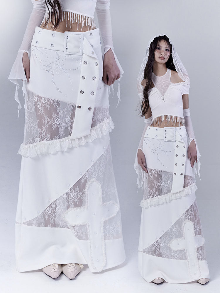 Lace Patchwork Low Waist Long Skirt