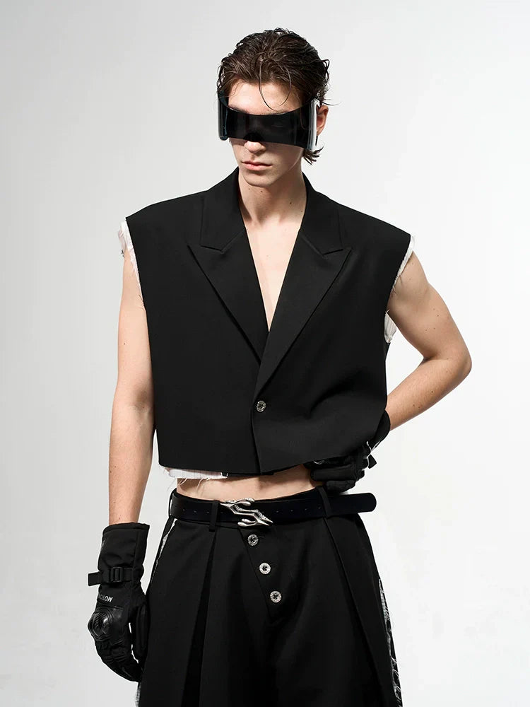 Frayed Hem Sleeveless Tailored Jacket & Short Setup