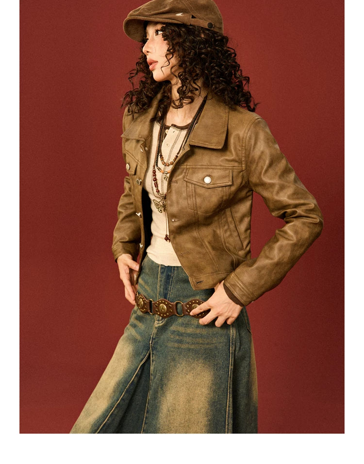 PU Leather Standing-Collar Short Jacket