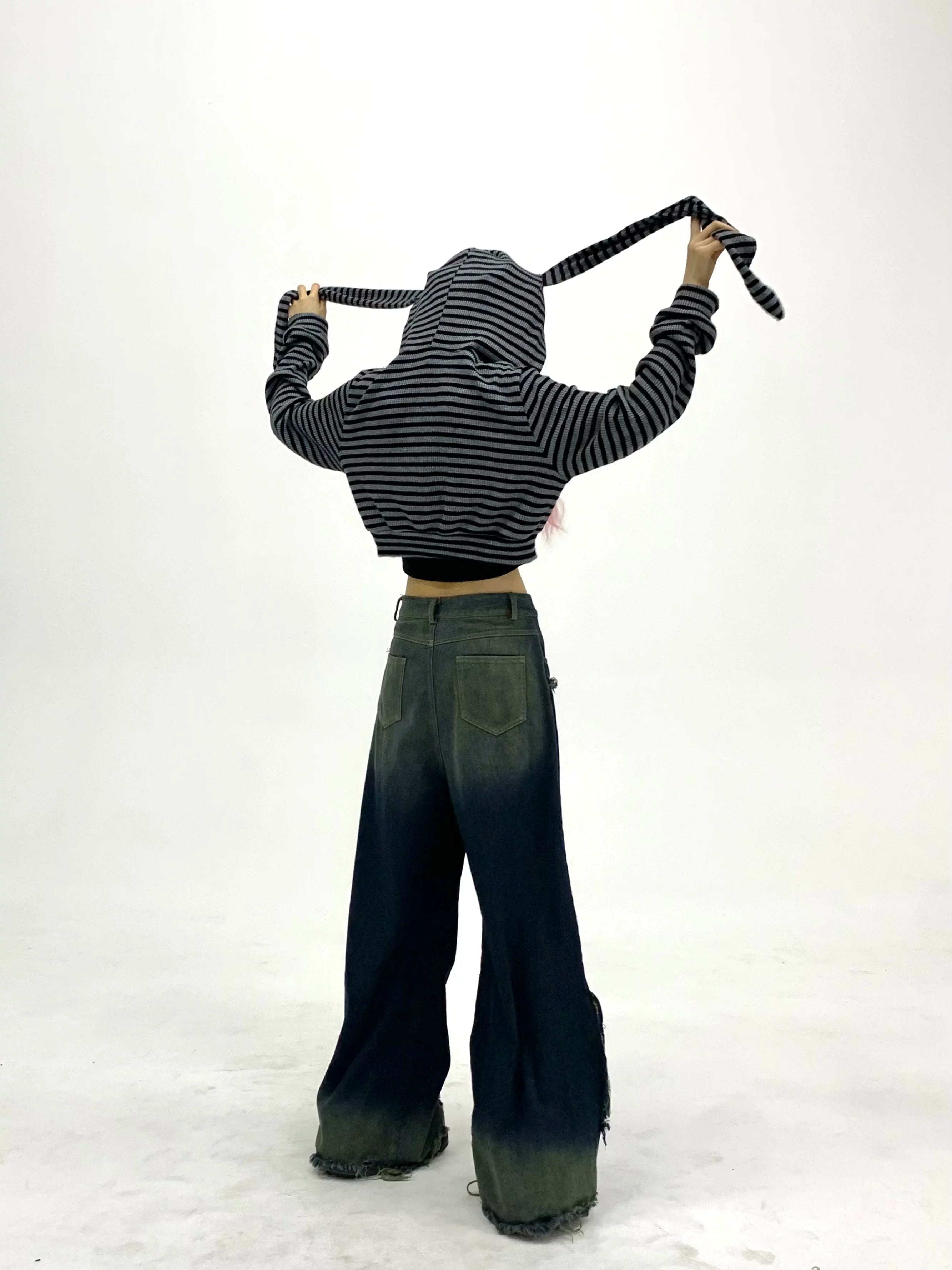 Striped Rabbit Ear Oversize Zipper Jacket & Zipper Coat