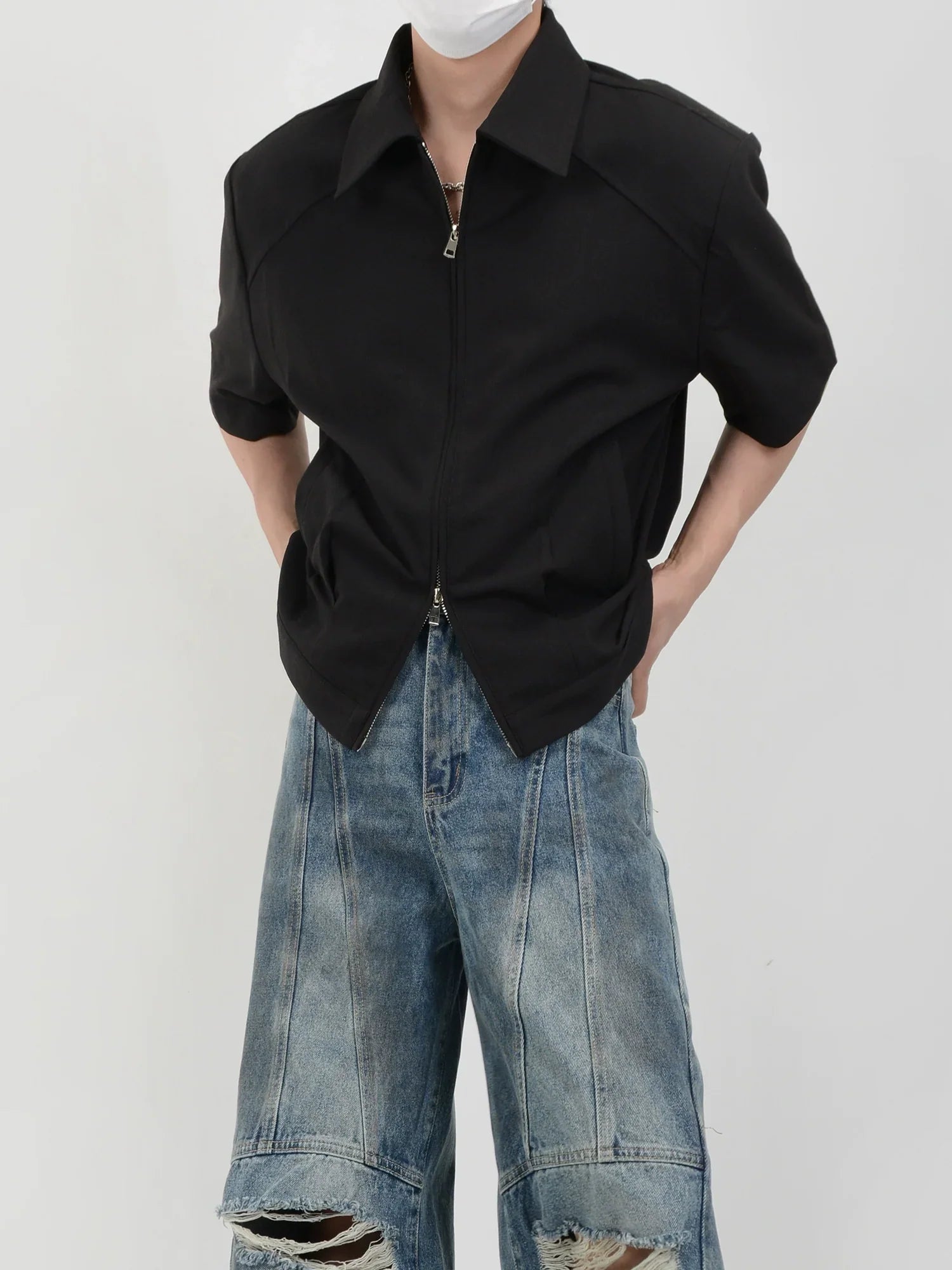 Double Zipper Shoulder Pads Short Sleeve Shirt