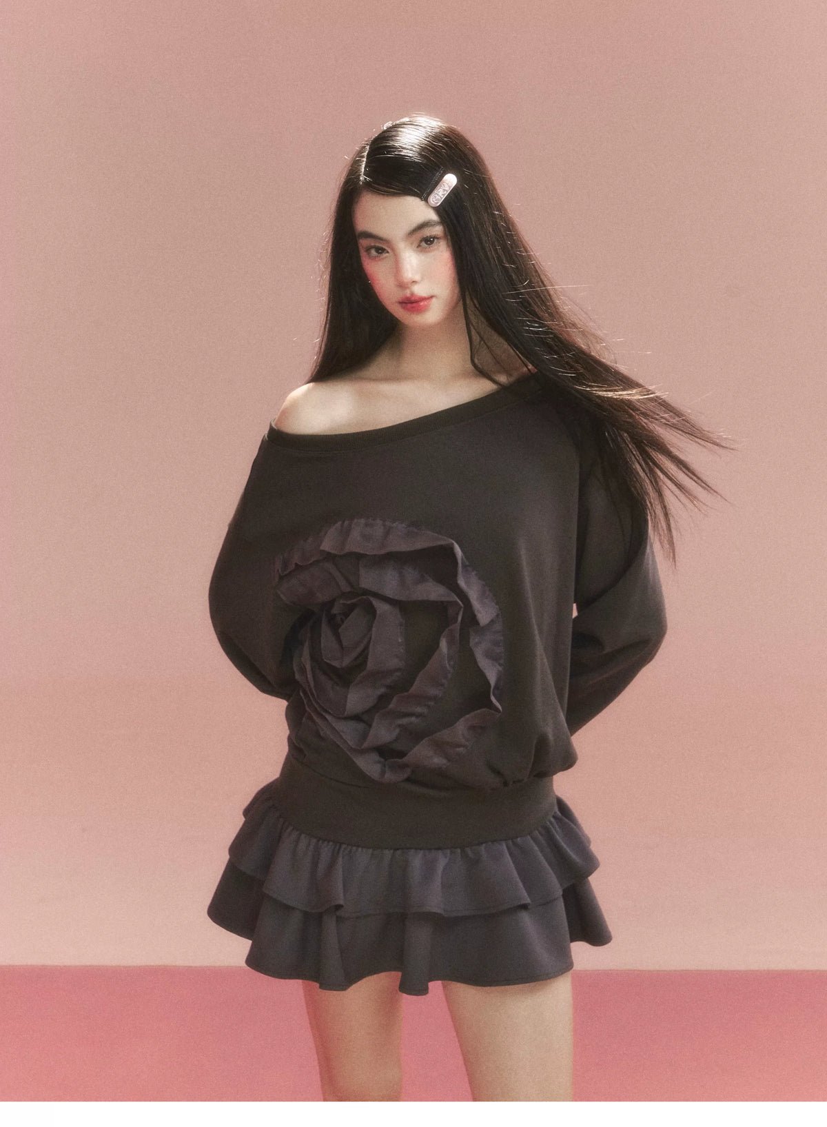 Flower Ruffle Sweatshirt Mix Dress