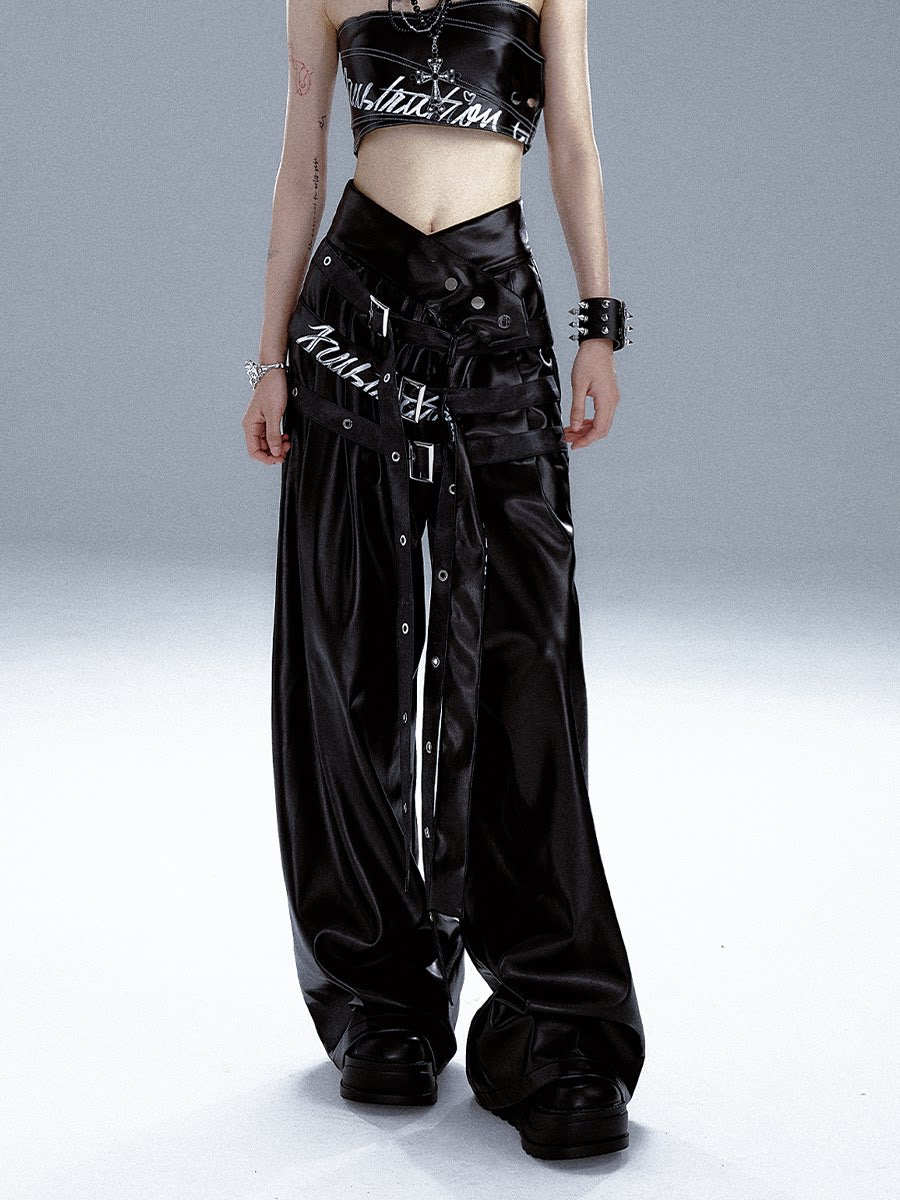 High-Waist V-Cut Graffiti Print Belted Black PU Leather Pants