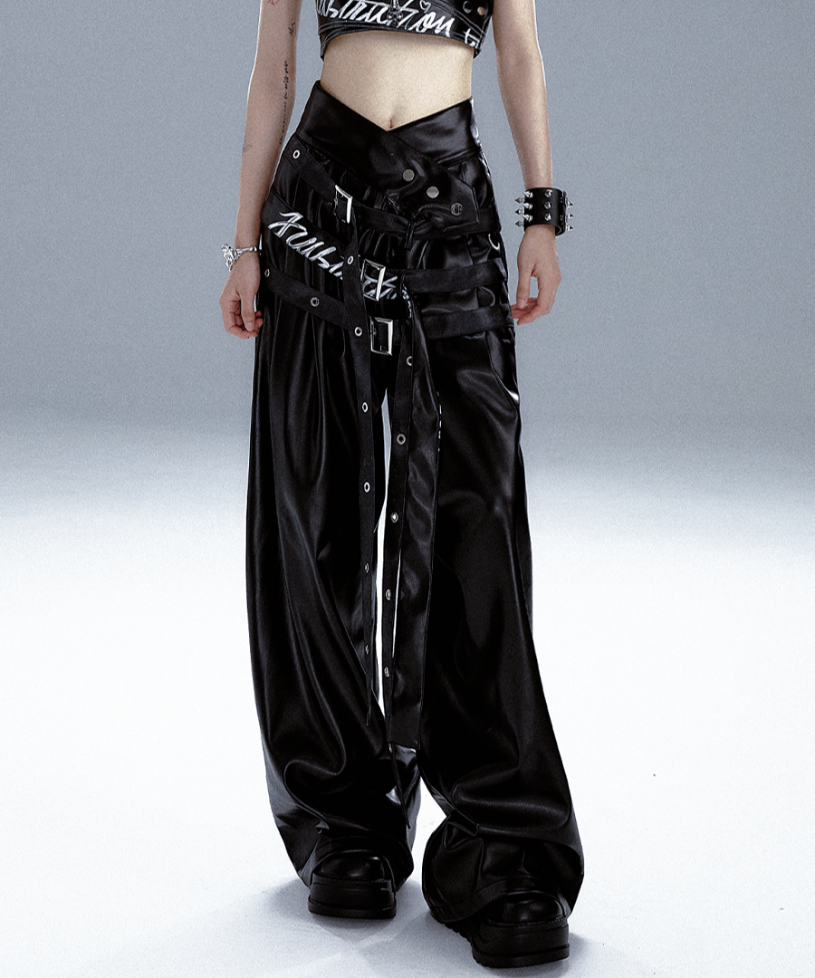 High-Waist V-Cut Graffiti Print Belted Black PU Leather Pants