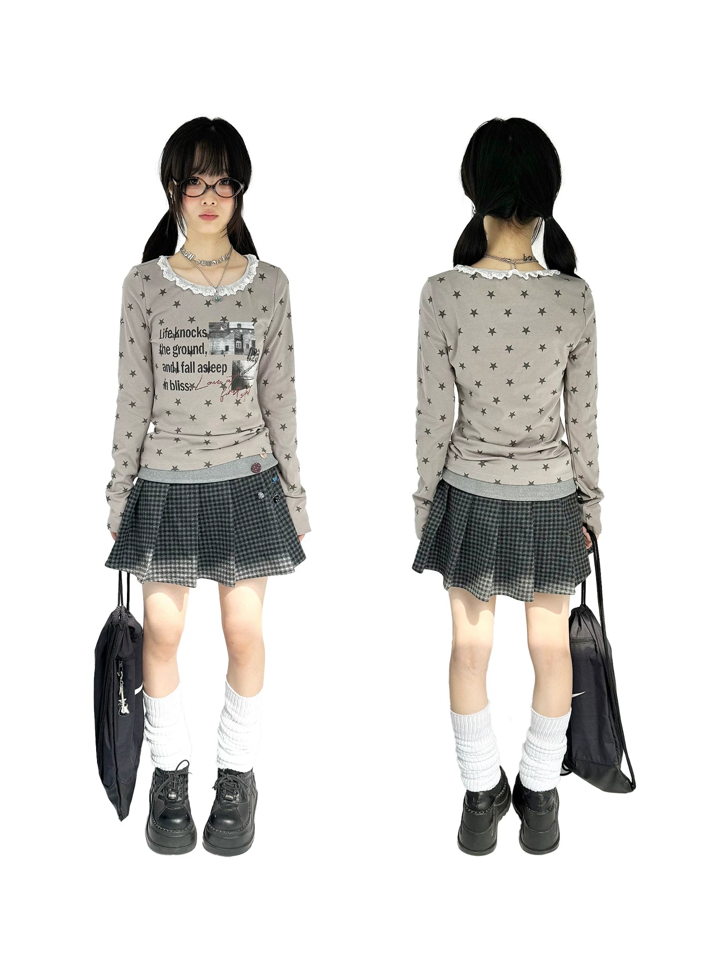 Star Print Lace Trim Fitted Long Sleeve T-Shirt
