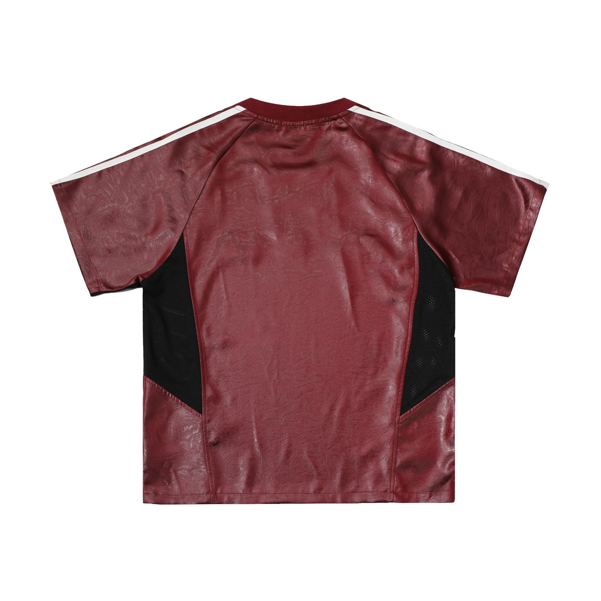 Chest Emblem PU Leather Stitching V-Neck Oversize Short Sleeve T-Shirt