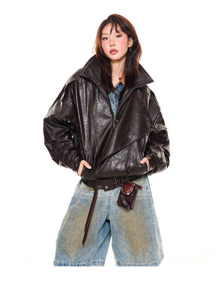 Asymmetrical Stand Collar PU Leather Jacket