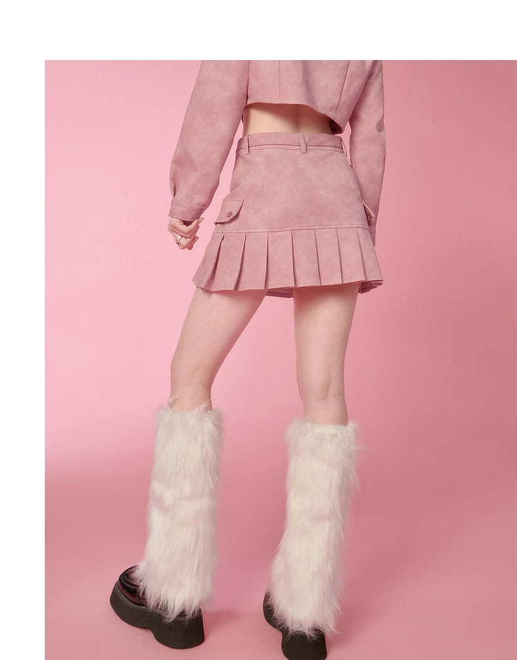 PU Leather Short Jacket & Short Pleats Skirt Setup