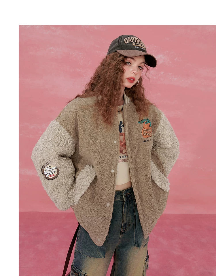 Colorblock Embroidery Fleece-Lined Baseball Jacket