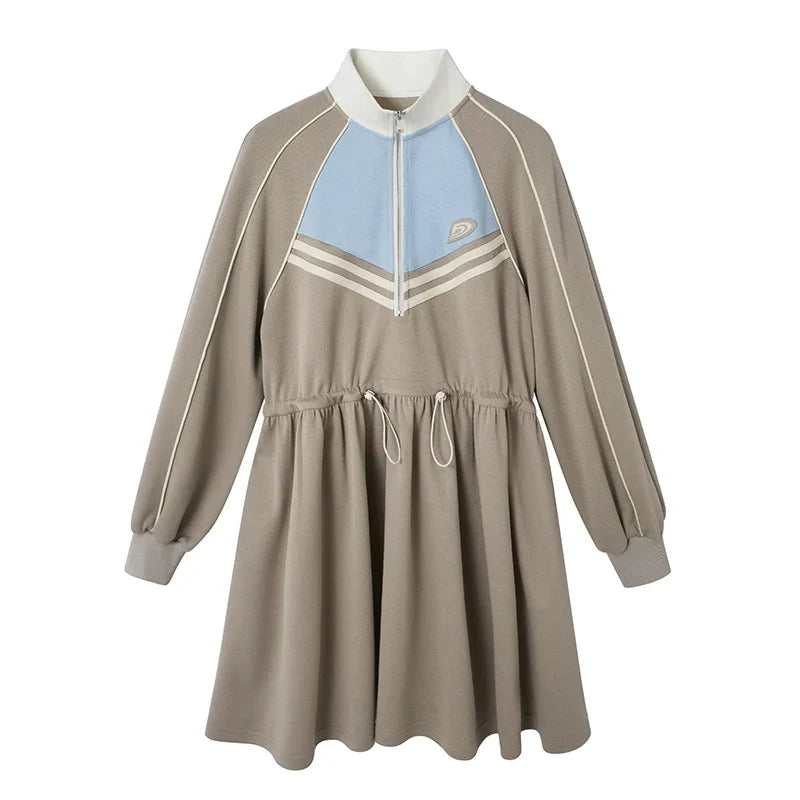 Embroidery Color Blocking Sporty Long Sleeve Jersey Dress