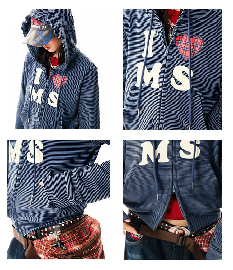Heart Letter Print Stripe Cropped Zipper Hoodie