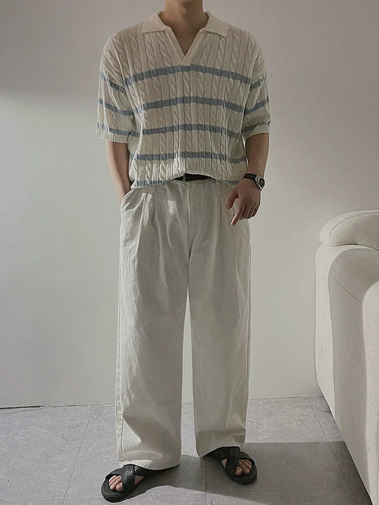 Cable Striped Collar Short Sleeve Knit Polo Shirt