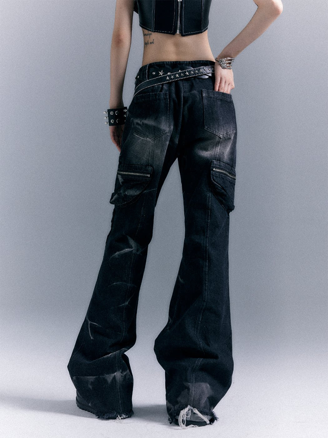 Low-Waist Studs Washed Flare Denim Jeans