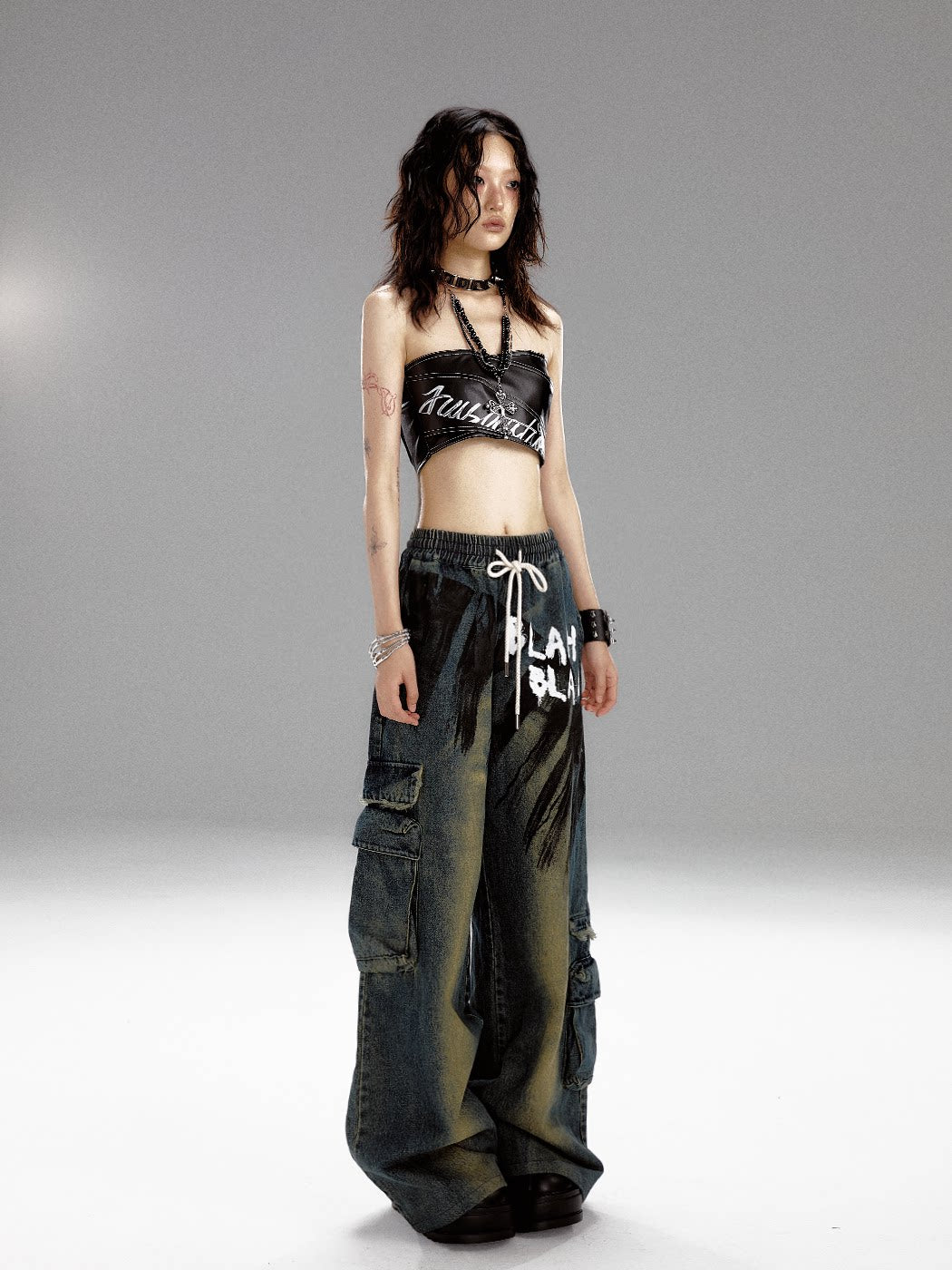 Washed Graffiti Wide-Leg Straight Dnim Jeans