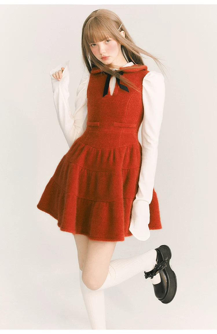Bow Velvet Ruffle Short Length Dress