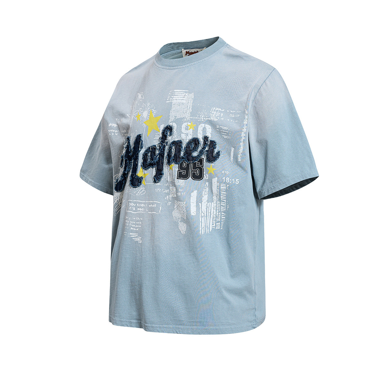 Star Applique Embroidery Washed Short Sleeve T-Shirt