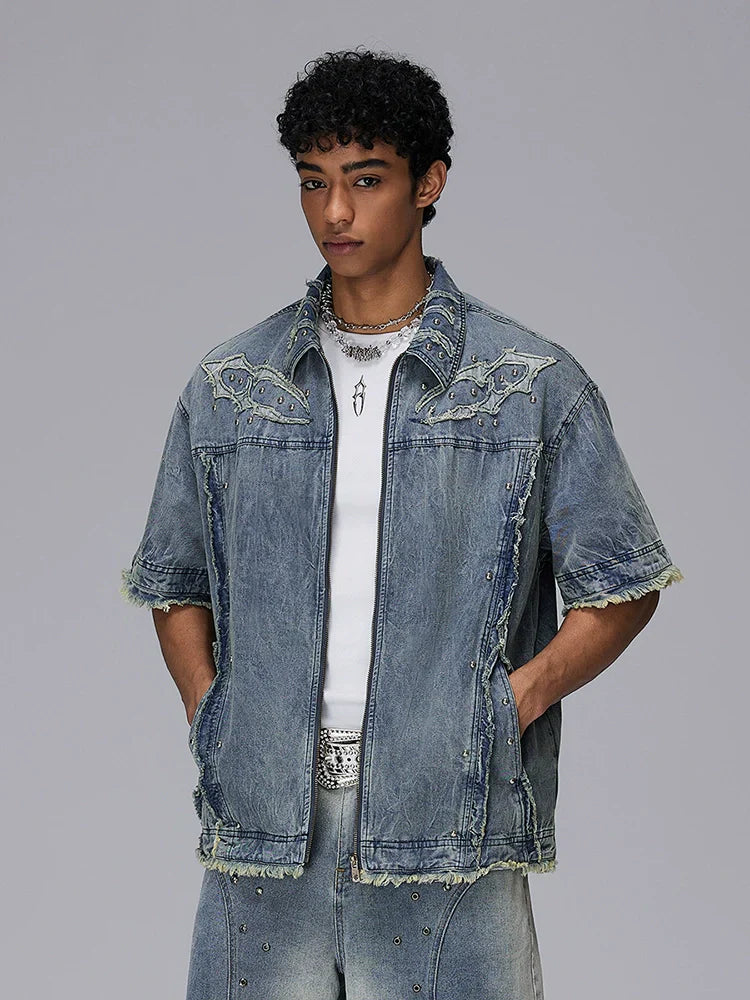 Wave Wash Damage Design Oversize Zipper Short Sleeve Shirt