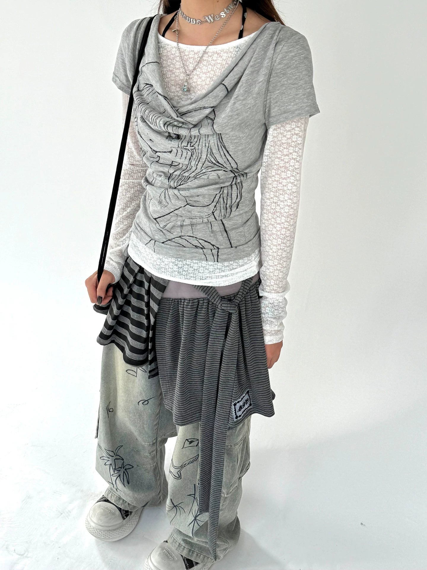 Fake Layered Draped Print Long Sleeve T-Shirt