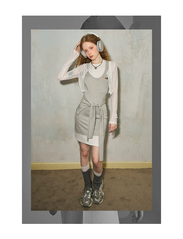 Splicing Fake Layered Round Neck Waist Cinching Dress