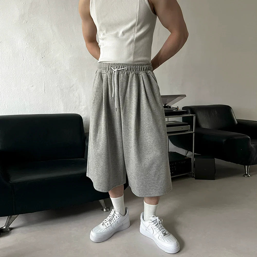 Solid Color Drawstring Wide Leg Half Sweatpants