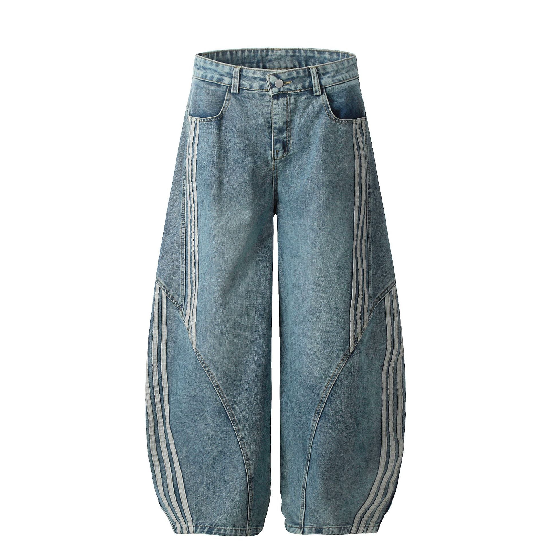 Washed Triple Stripe Panel Design Wide Leg Denim Jeans
