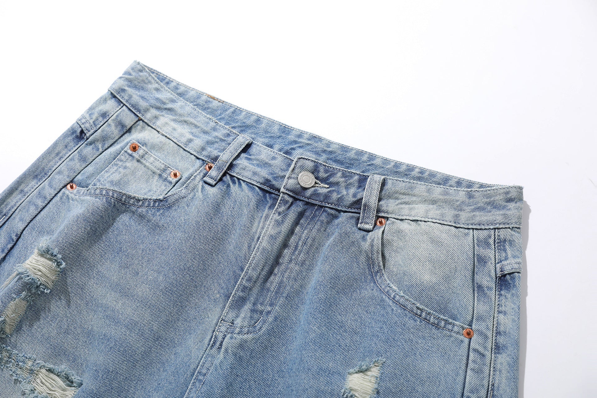 Wash Damage Straight Wide Leg Denim Jeans
